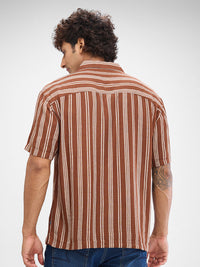 Men Shirt Stripe Brown Slim Fit