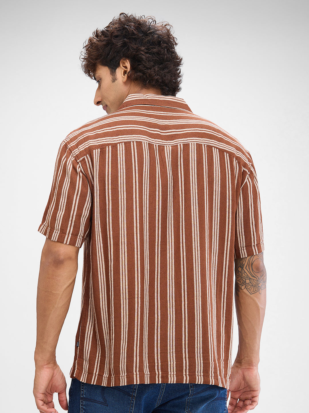 Men Shirt Stripe Brown Slim Fit