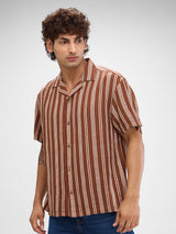 Men Shirt Stripe Brown Slim Fit