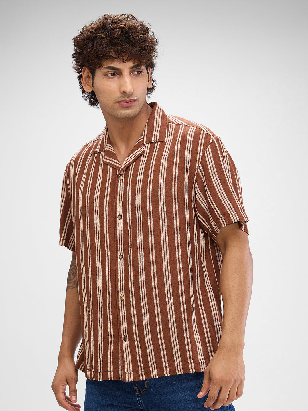 Men Shirt Stripe Brown Slim Fit