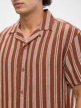 Men Shirt Stripe Brown Slim Fit