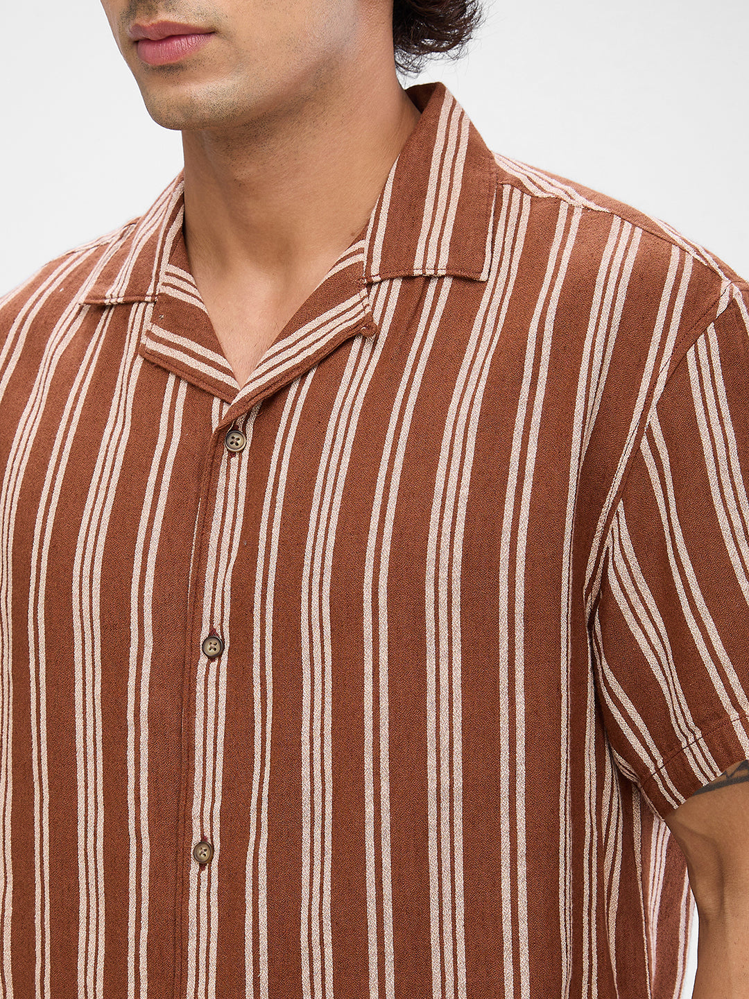 Men Shirt Stripe Brown Slim Fit
