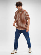 Men Shirt Stripe Brown Slim Fit