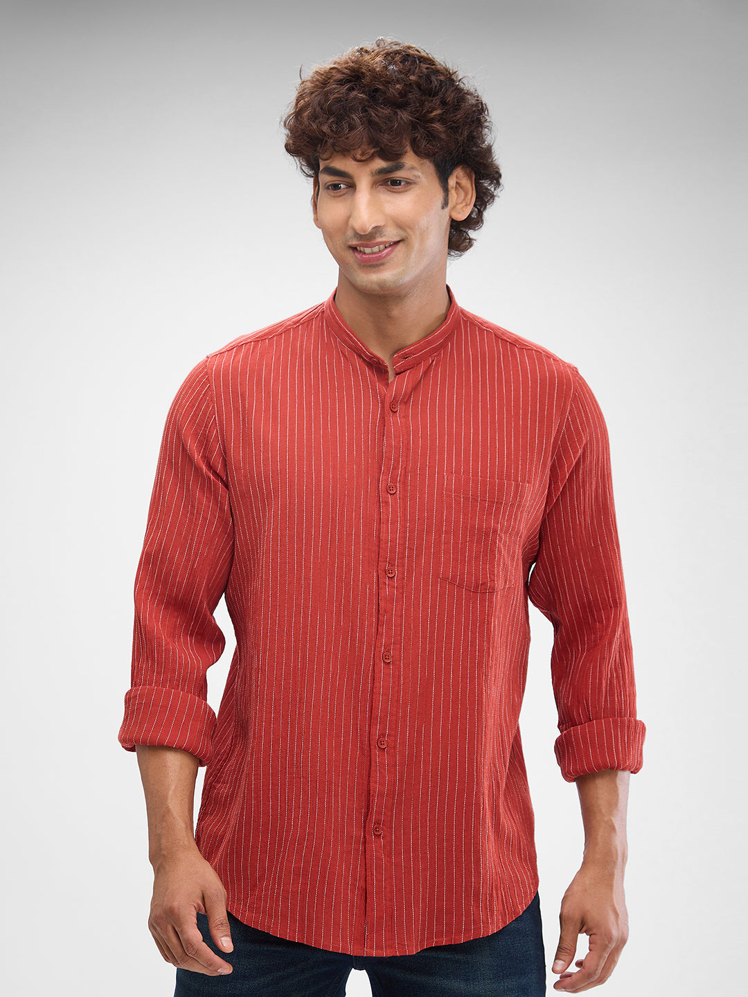 Spykar Brick Red Cotton Full Sleeve  Shirt For Men