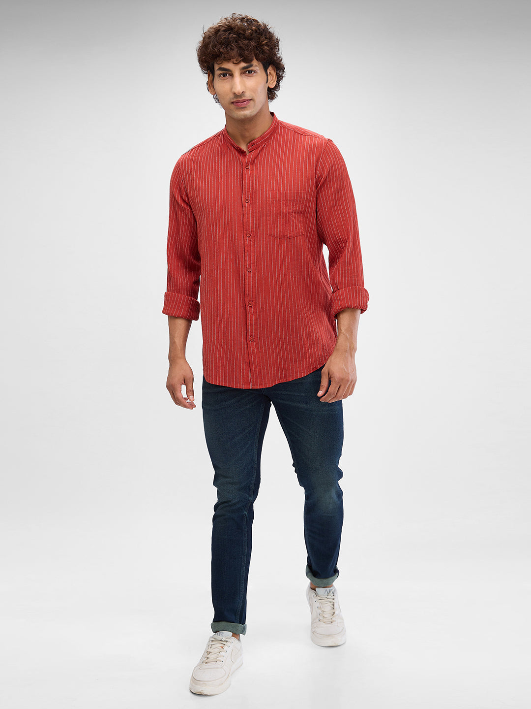 Spykar Brick Red Cotton Full Sleeve  Shirt For Men