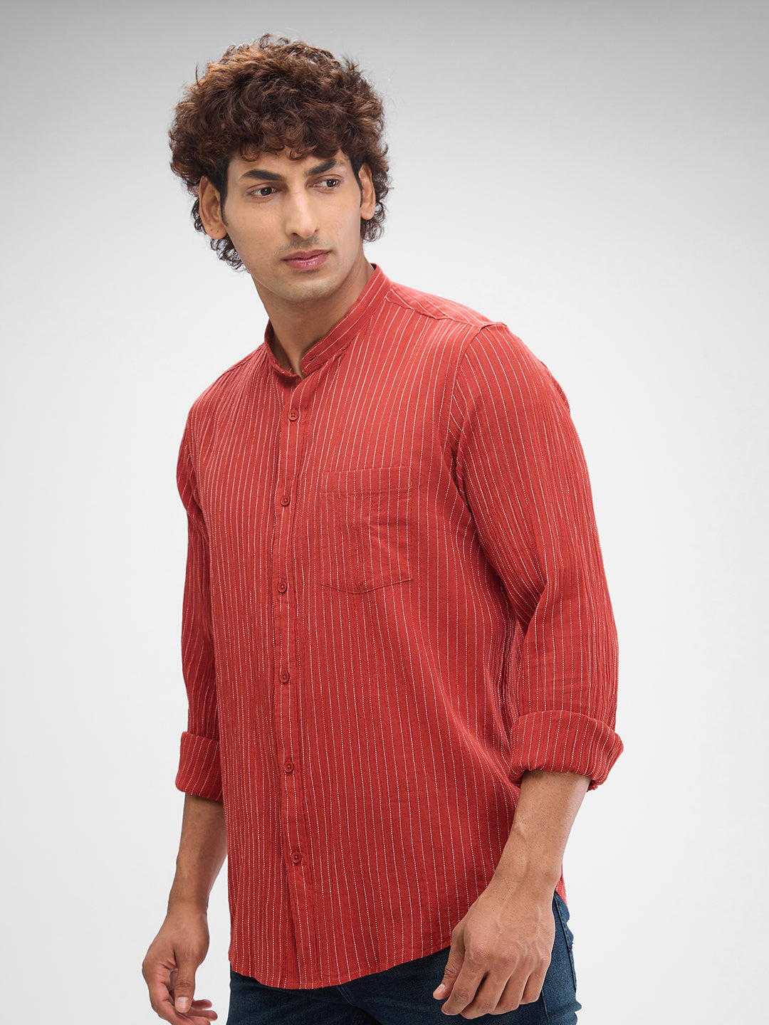 Spykar Brick Red Cotton Full Sleeve  Shirt For Men