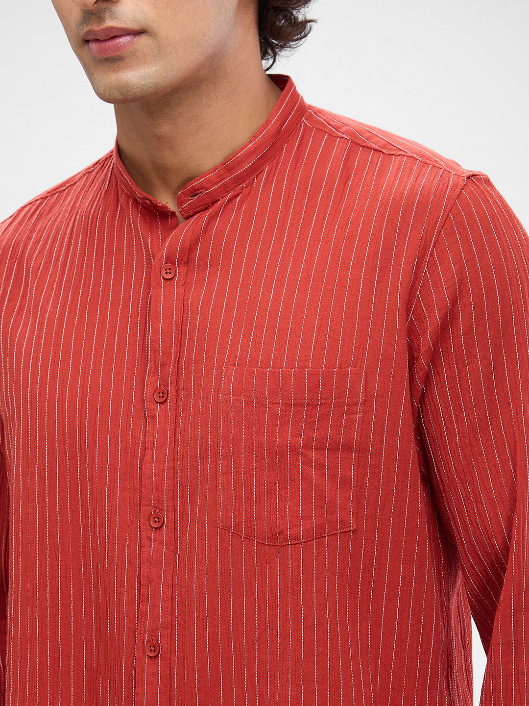 Spykar Brick Red Cotton Full Sleeve  Shirt For Men