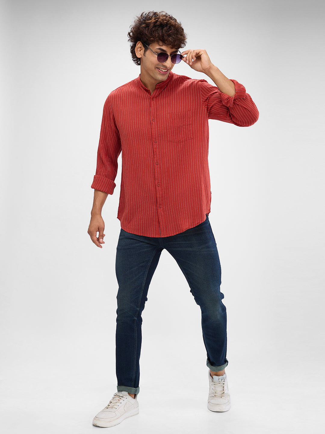 Spykar Brick Red Cotton Full Sleeve  Shirt For Men