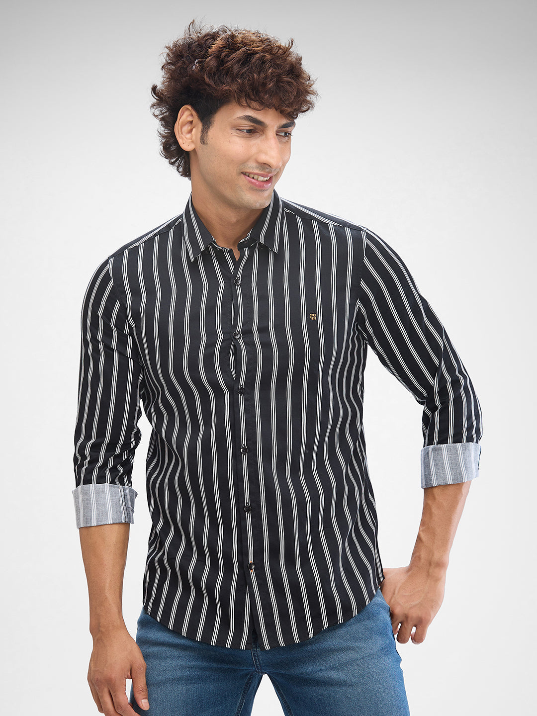 Spykar Black Cotton Full Sleeve  Shirt For Men