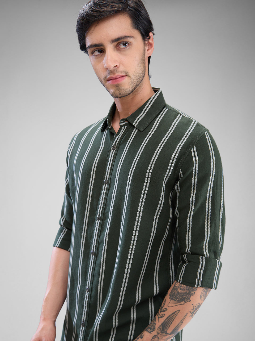 Spykar Rifle Green Cotton Full Sleeve Raised Collar Shirt For Men