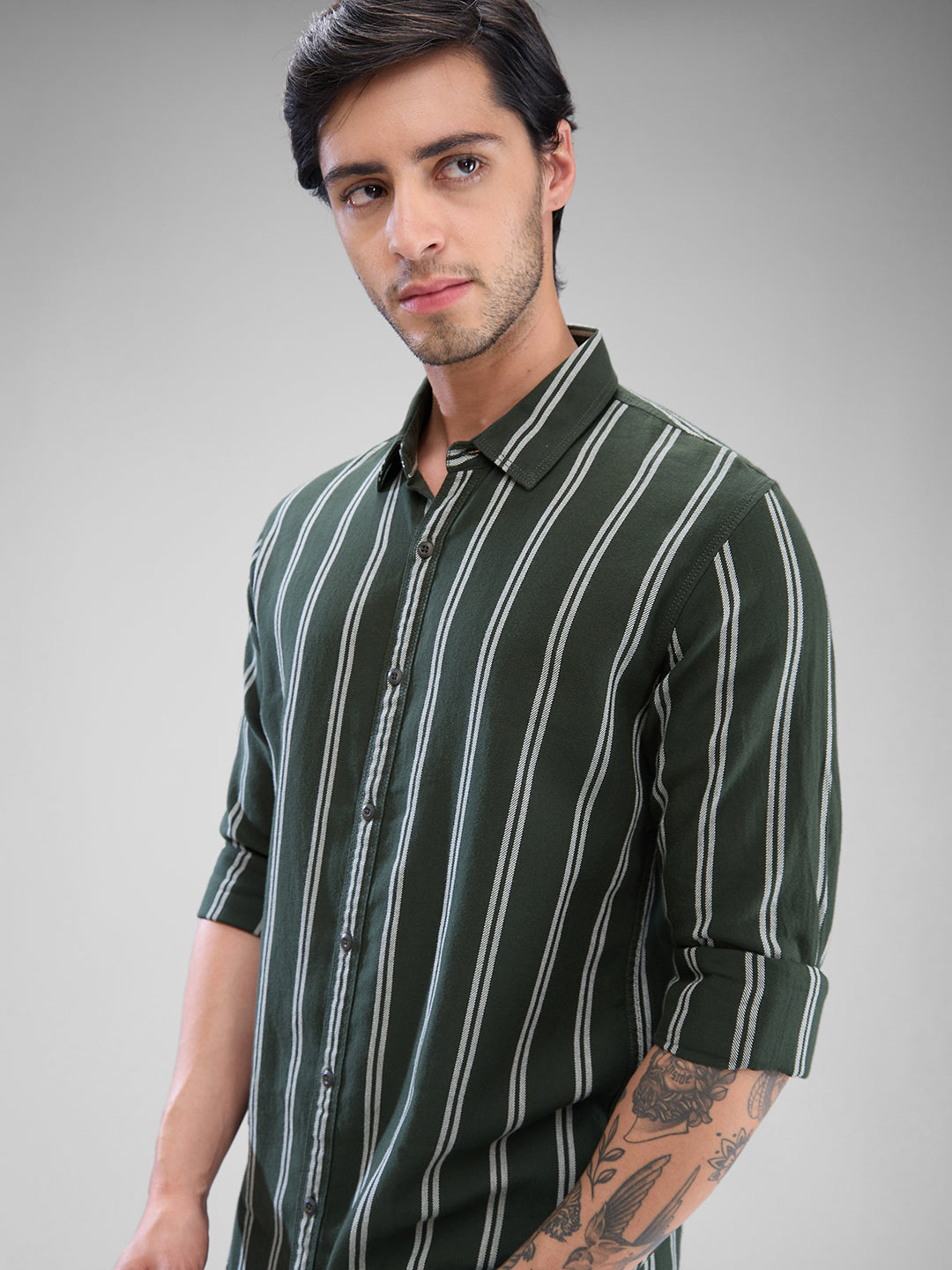 Men Shirt Green Raised Collar