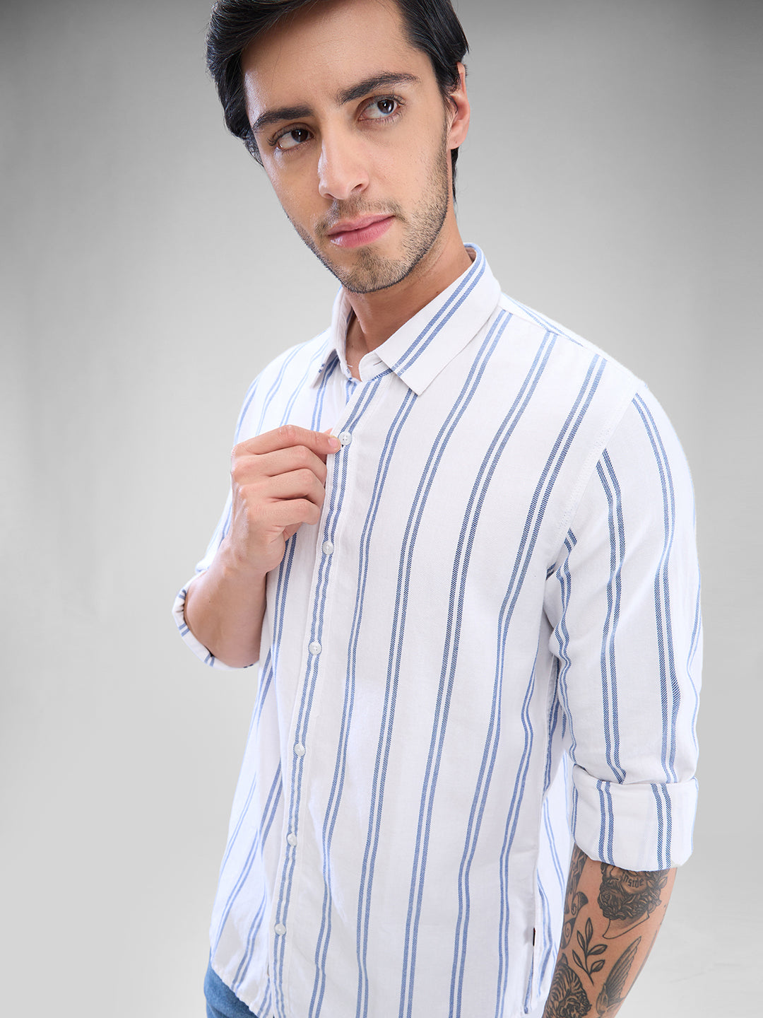 Spykar White Cotton Full Sleeve Raised Collar Shirt For Men