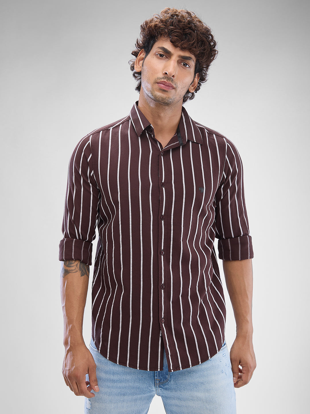 Spykar Coffee Brown Cotton Full Sleeve Raised Collar Shirt For Men