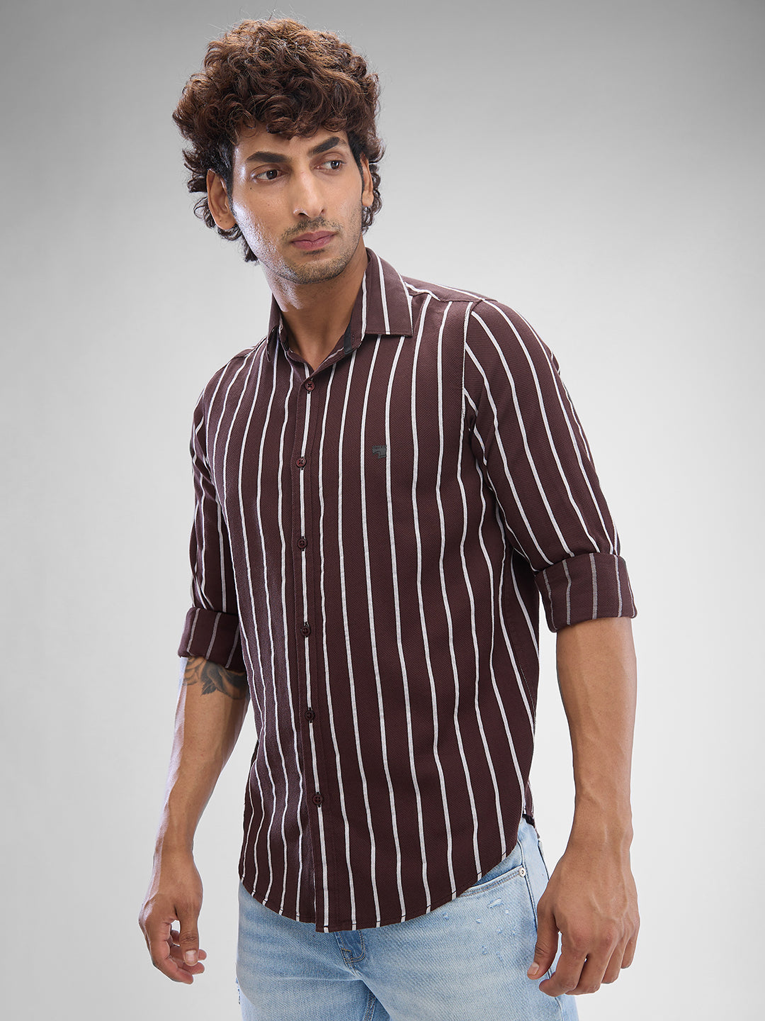 Spykar Coffee Brown Cotton Full Sleeve Raised Collar Shirt For Men