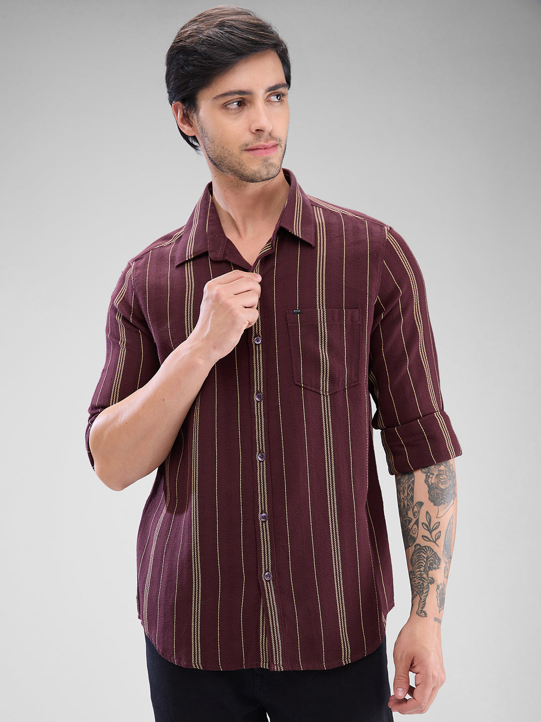 Spykar Deep Wine Red Cotton Full Sleeve Raised Collar Shirt For Men