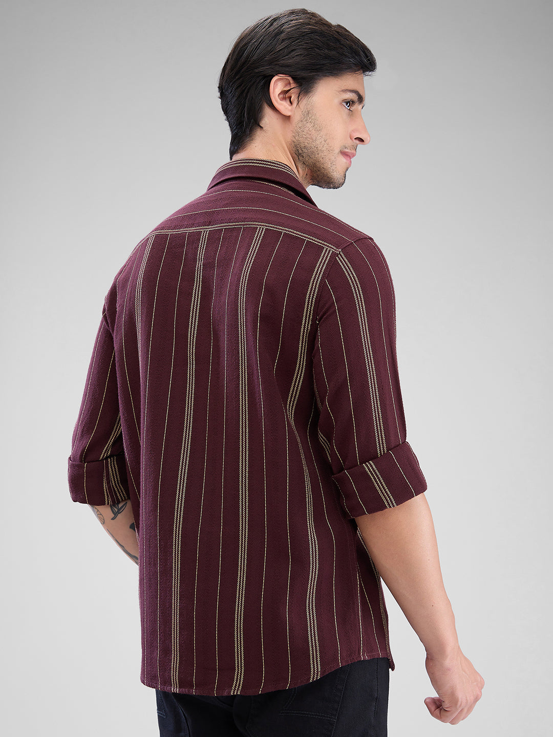 Spykar Deep Wine Red Cotton Full Sleeve Raised Collar Shirt For Men