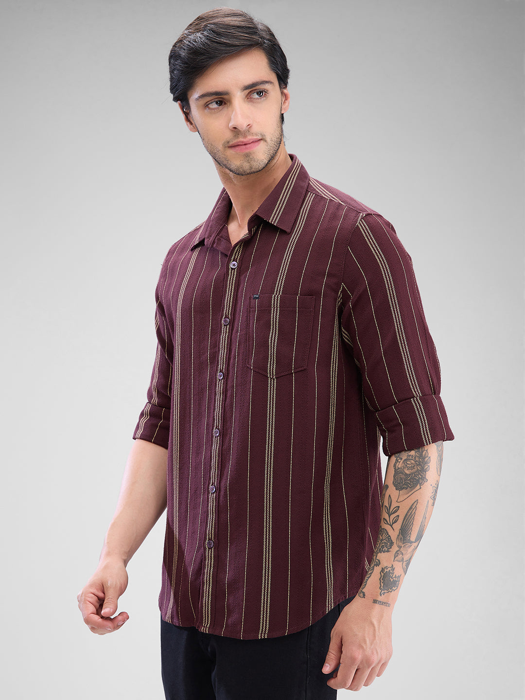 Spykar Deep Wine Red Cotton Full Sleeve Raised Collar Shirt For Men