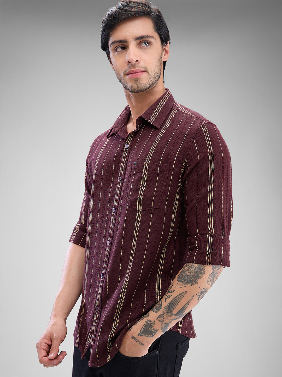 Spykar Deep Wine Red Cotton Full Sleeve Raised Collar Shirt For Men