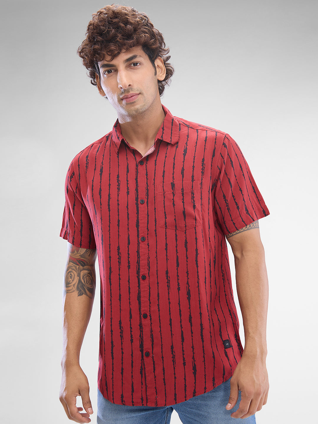 Spykar Dark Red Cotton Viscose Half Sleeve Raised Collar Shirt For Men