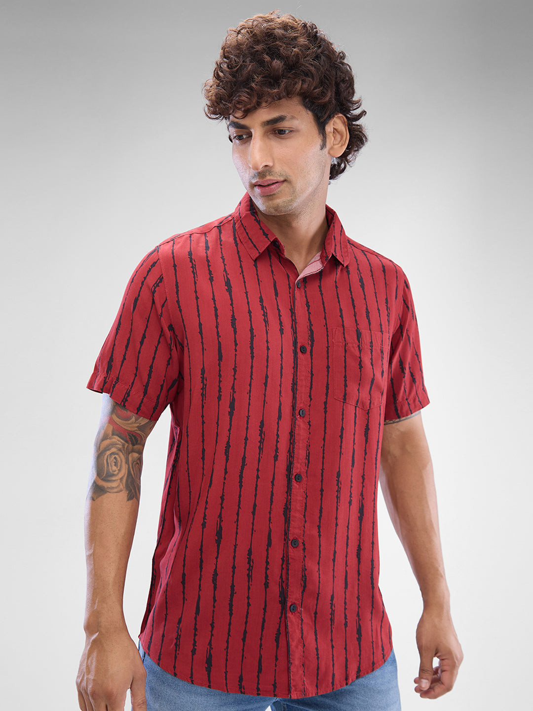 Spykar Dark Red Cotton Viscose Half Sleeve Raised Collar Shirt For Men