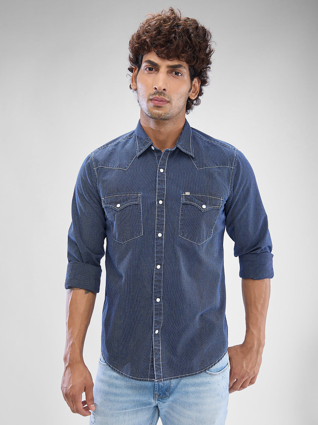 Spykar Indigo Blue Cotton Full Sleeve Raised Collar Shirt For Men