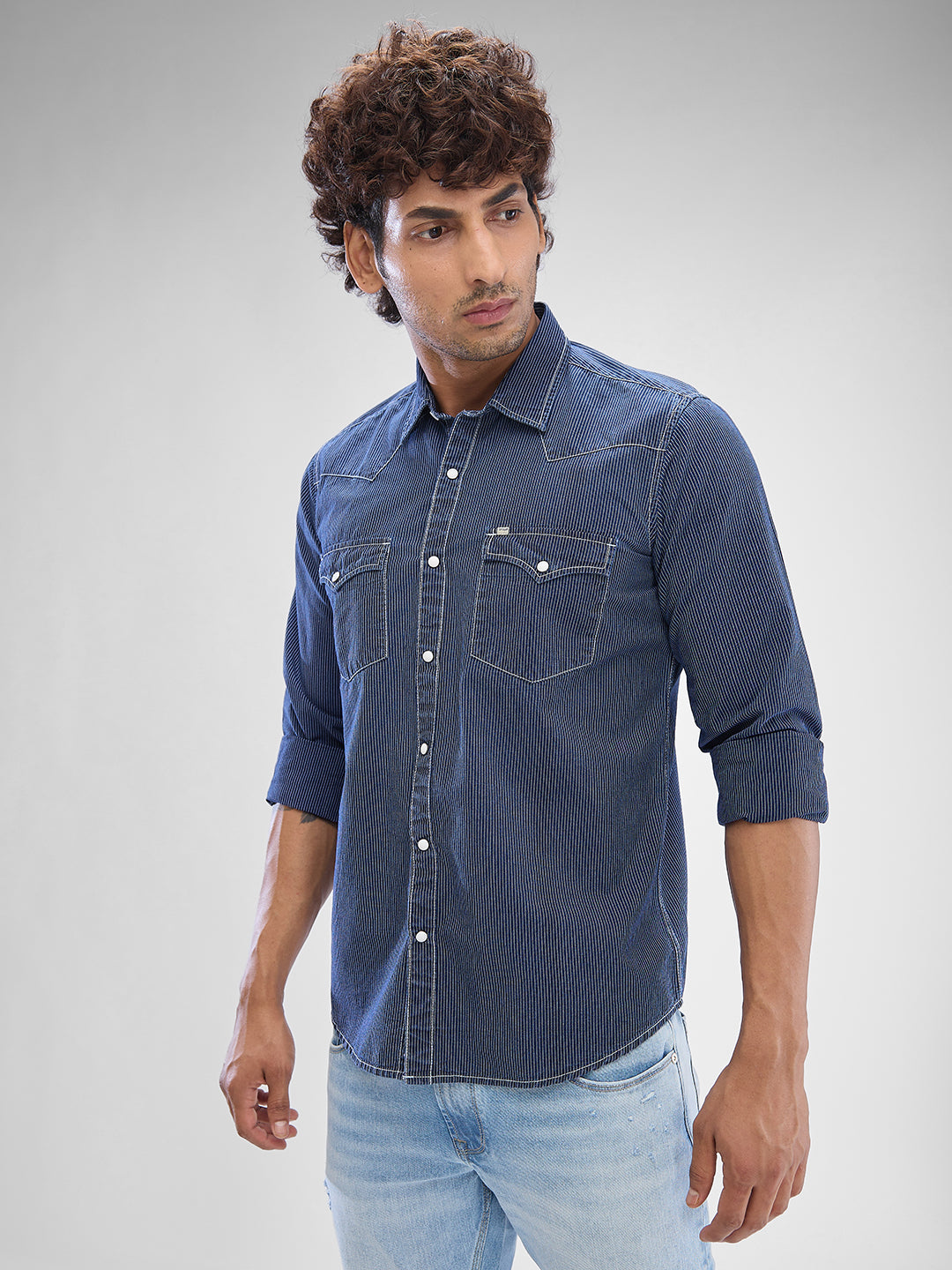 Spykar Indigo Blue Cotton Full Sleeve Raised Collar Shirt For Men