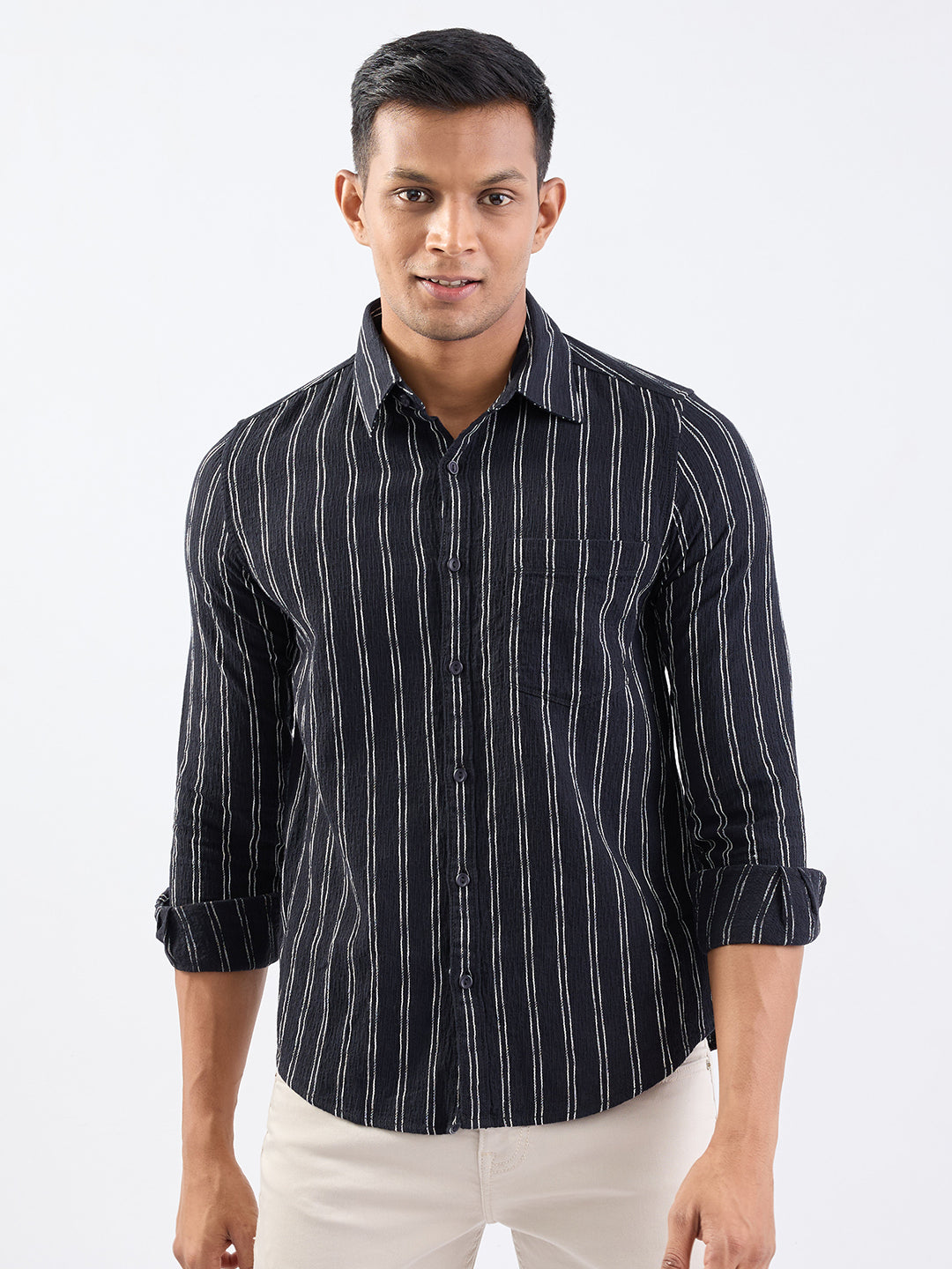 Spykar Jet Black Slim Fit Casual Shirts For Men
