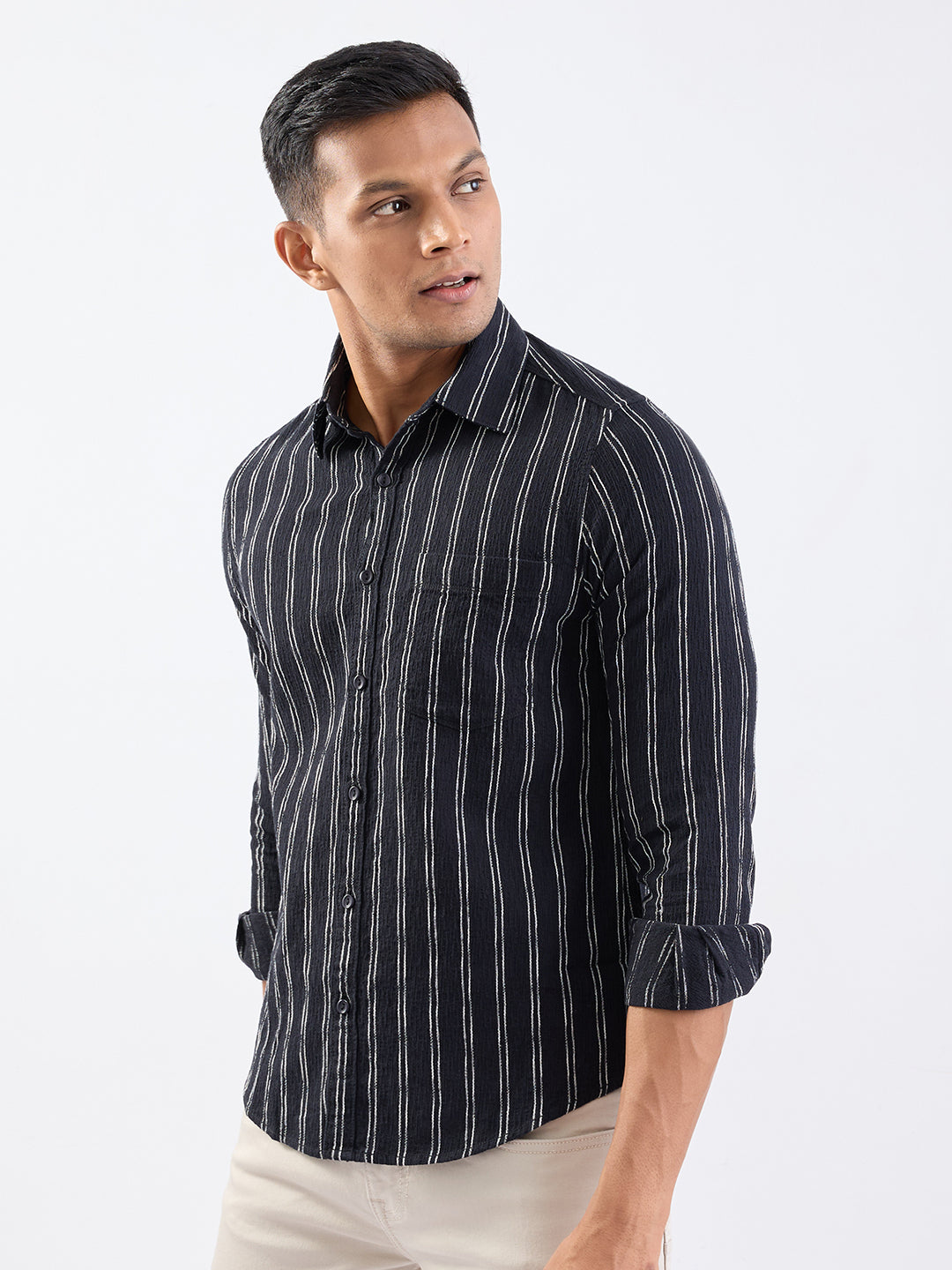 Spykar Jet Black Slim Fit Casual Shirts For Men