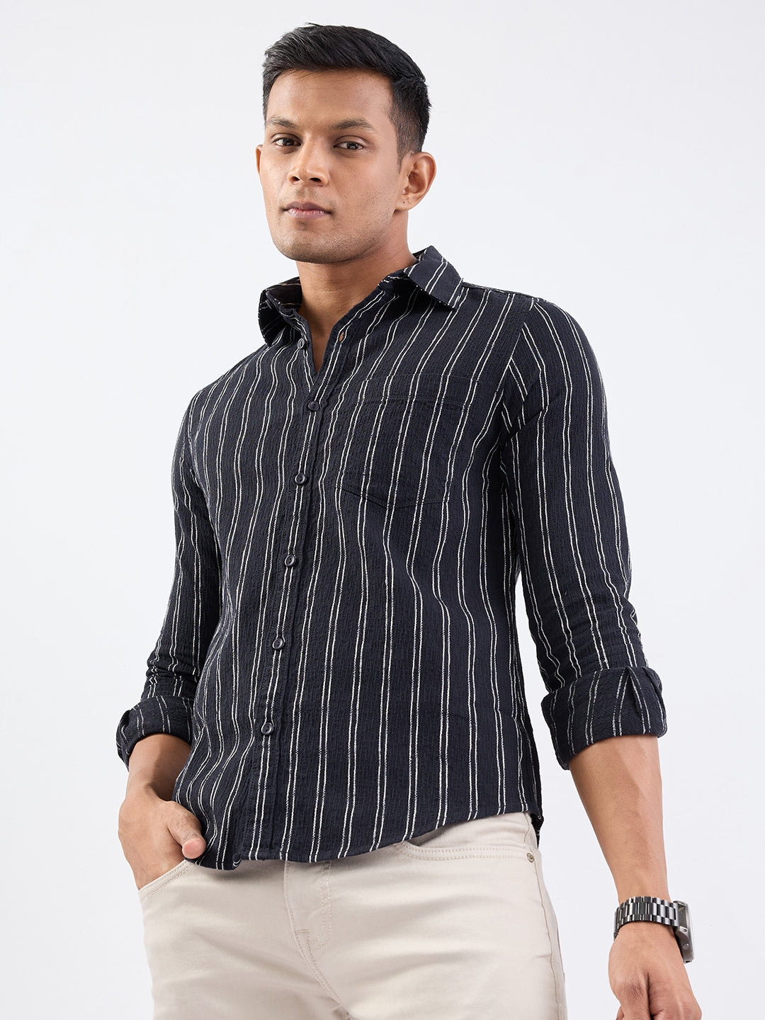 Spykar Jet Black Slim Fit Casual Shirts For Men