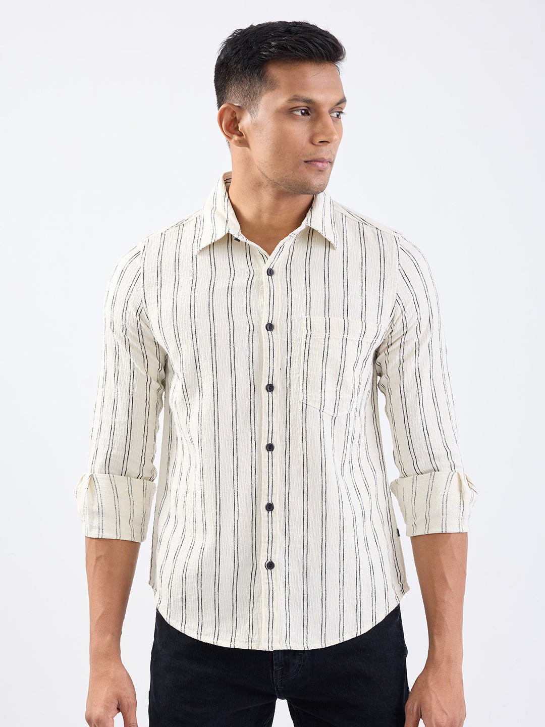 Spykar Off White Slim Fit Casual Shirts For Men