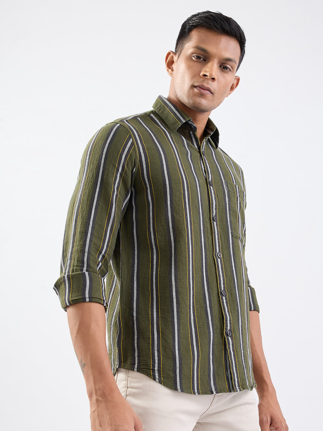Spykar Avocado Green Slim Fit Casual Shirts For Men