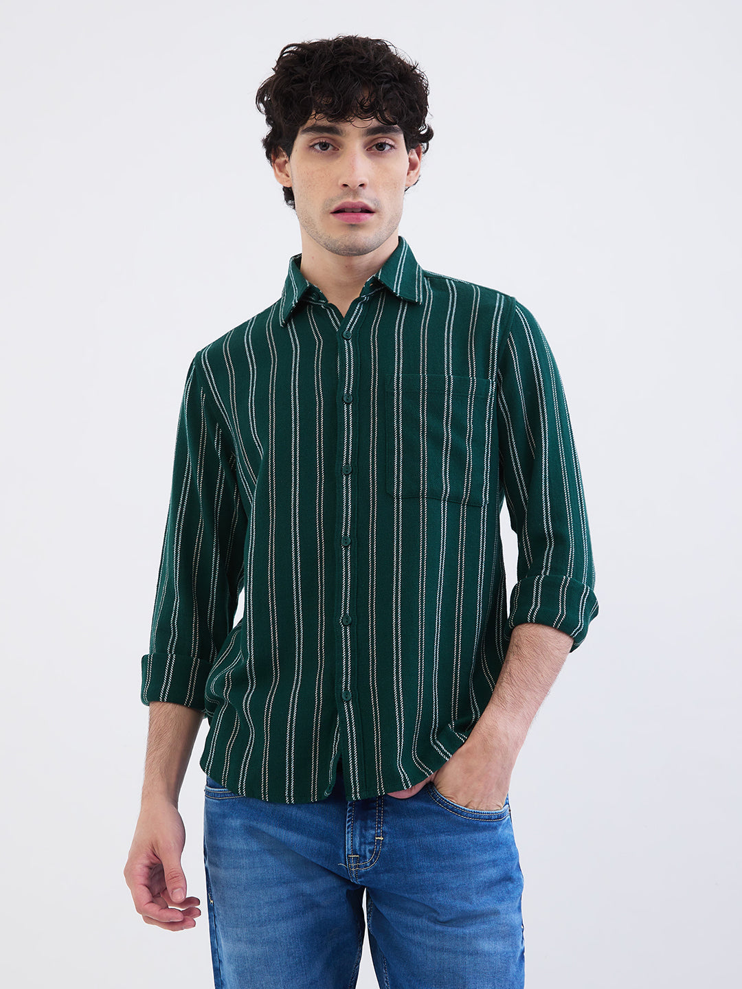 Spykar Botanical Green Slim Fit Casual Shirts For Men