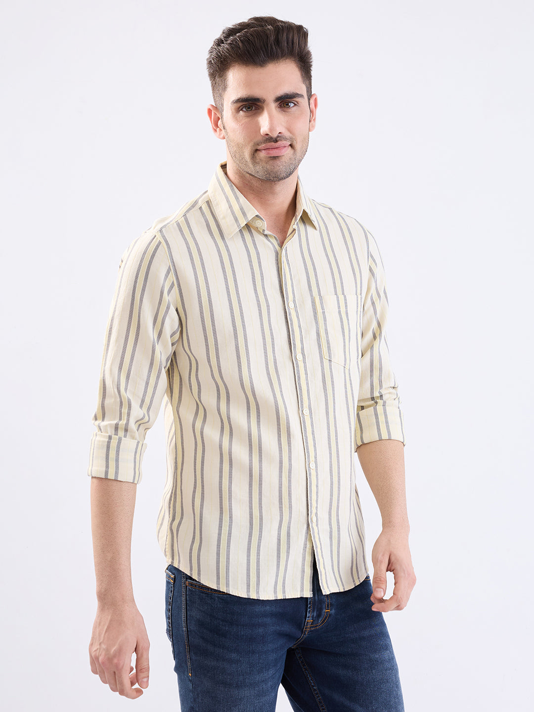 Spykar Powder Yellow Slim Fit Casual Shirts For Men