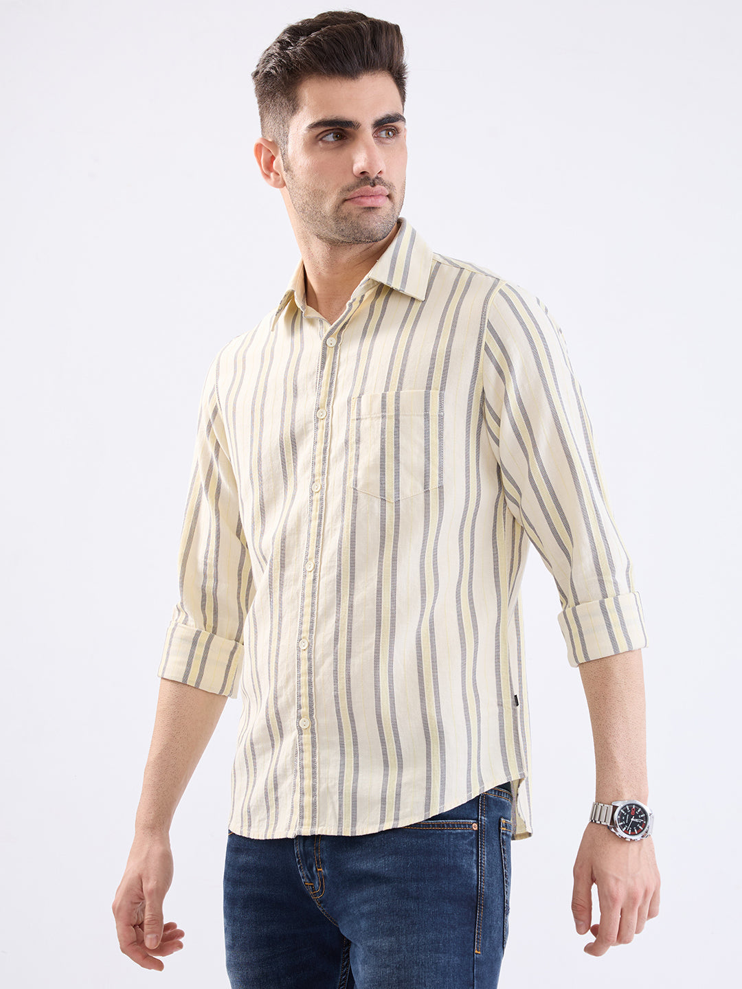 Spykar Powder Yellow Slim Fit Casual Shirts For Men