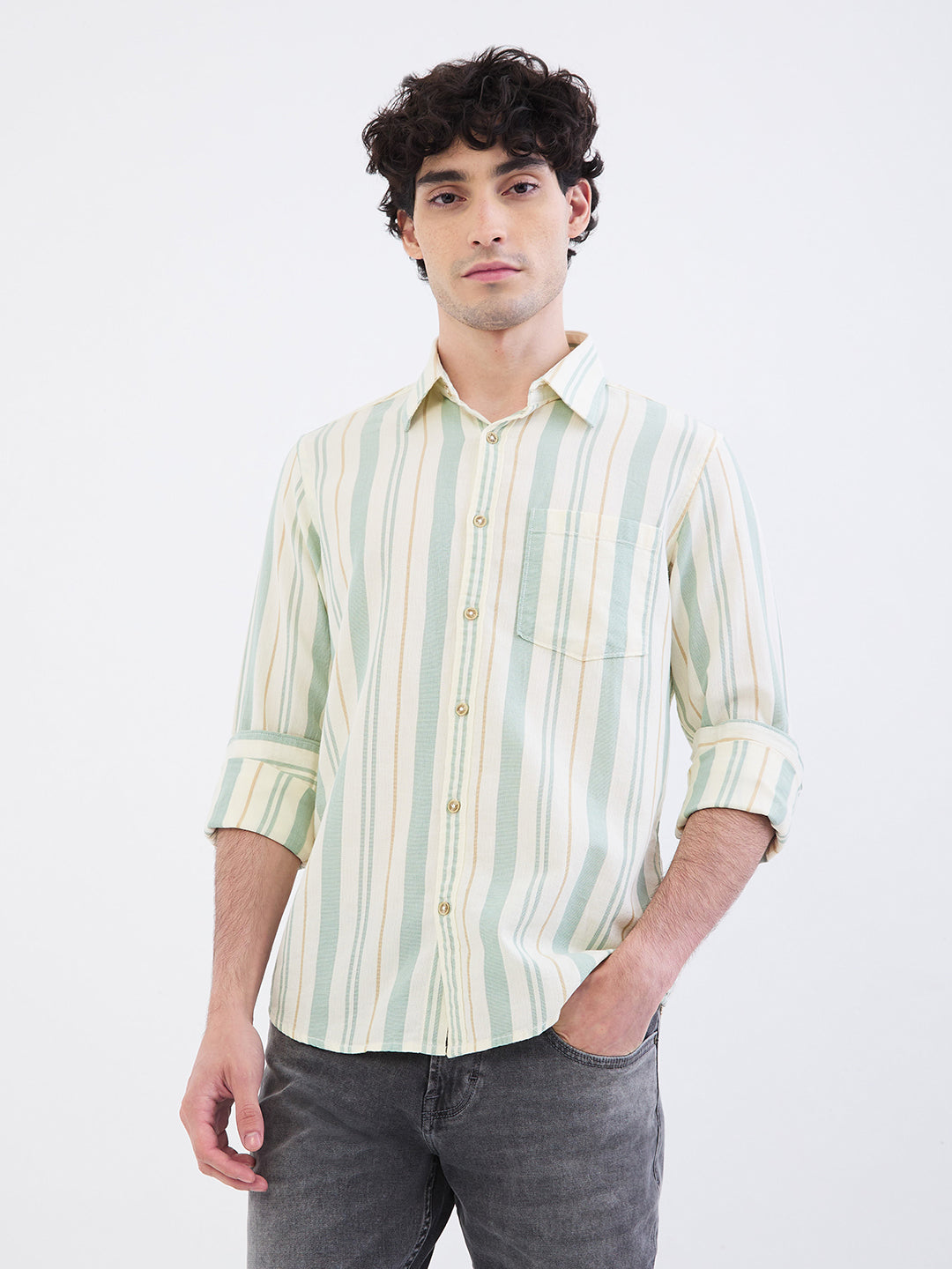 Spykar Granite Green Slim Fit Casual Shirts For Men