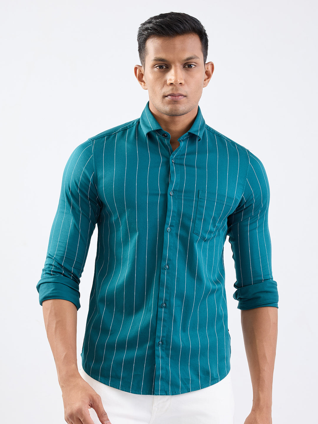 Spykar Teal Green Slim Fit Casual Shirts For Men