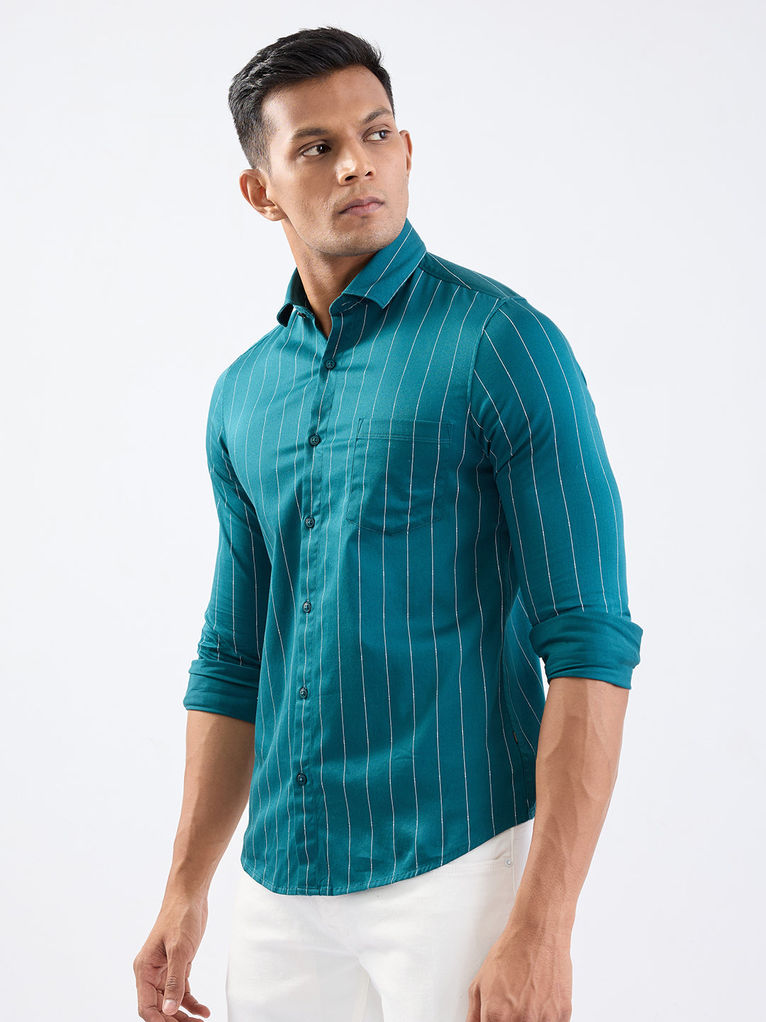 Spykar Teal Green Slim Fit Casual Shirts For Men