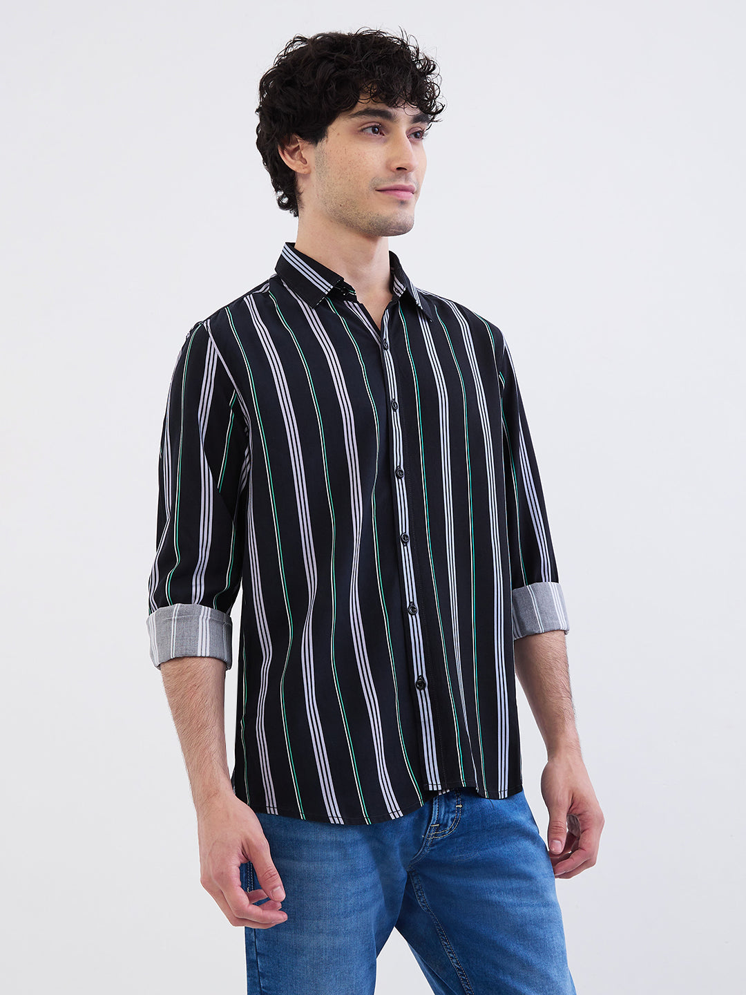 Spykar Jet Black Slim Fit Casual Shirts For Men