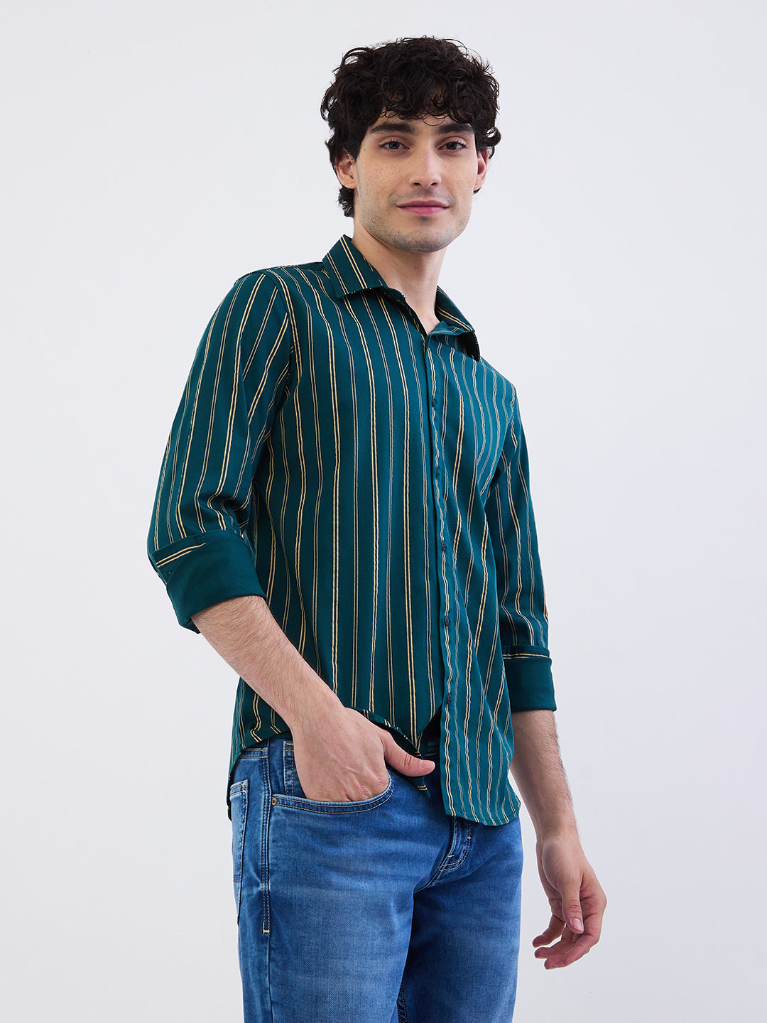 Spykar Teal Green Slim Fit Casual Shirts For Men