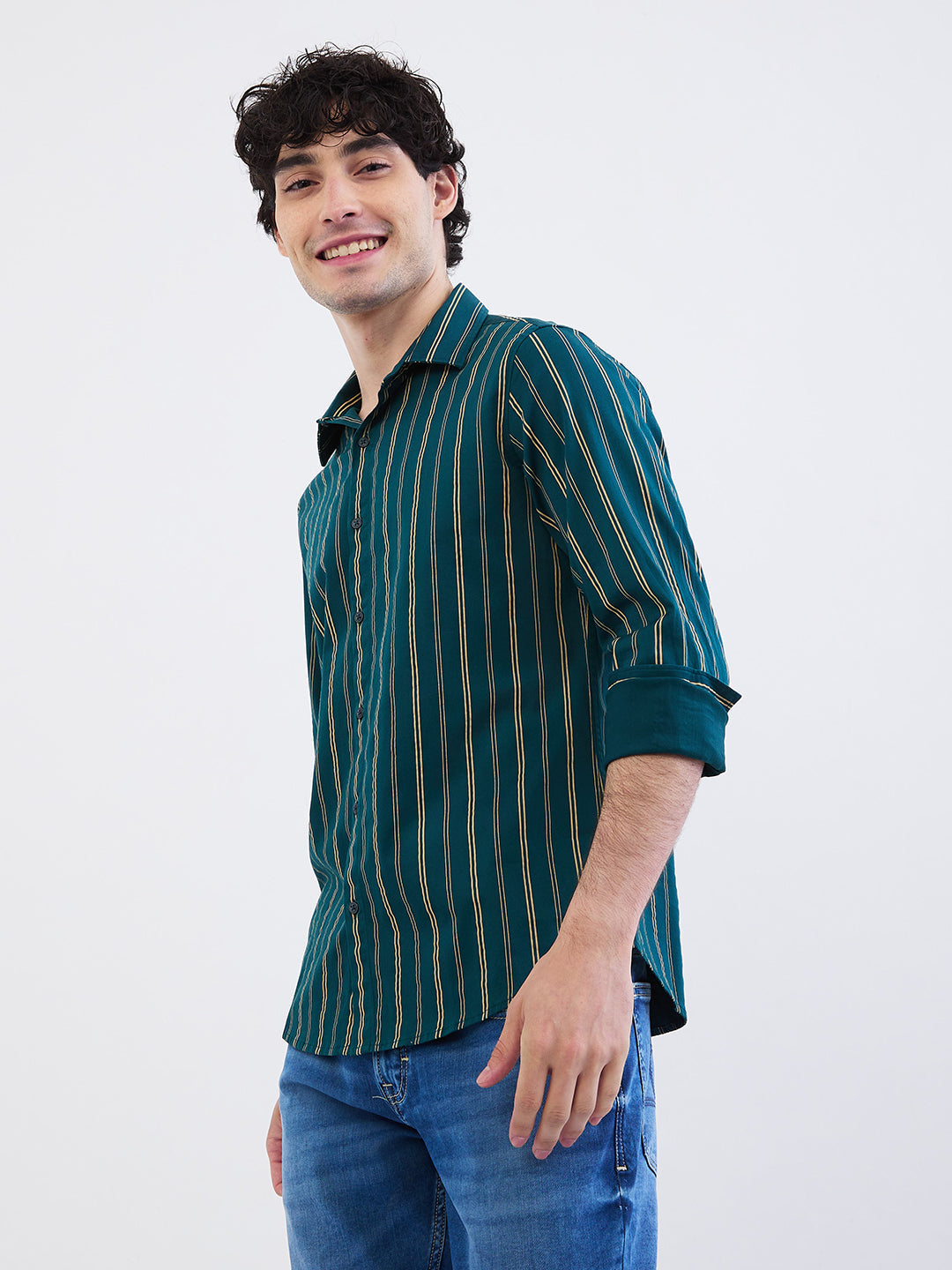 Spykar Teal Green Slim Fit Casual Shirts For Men