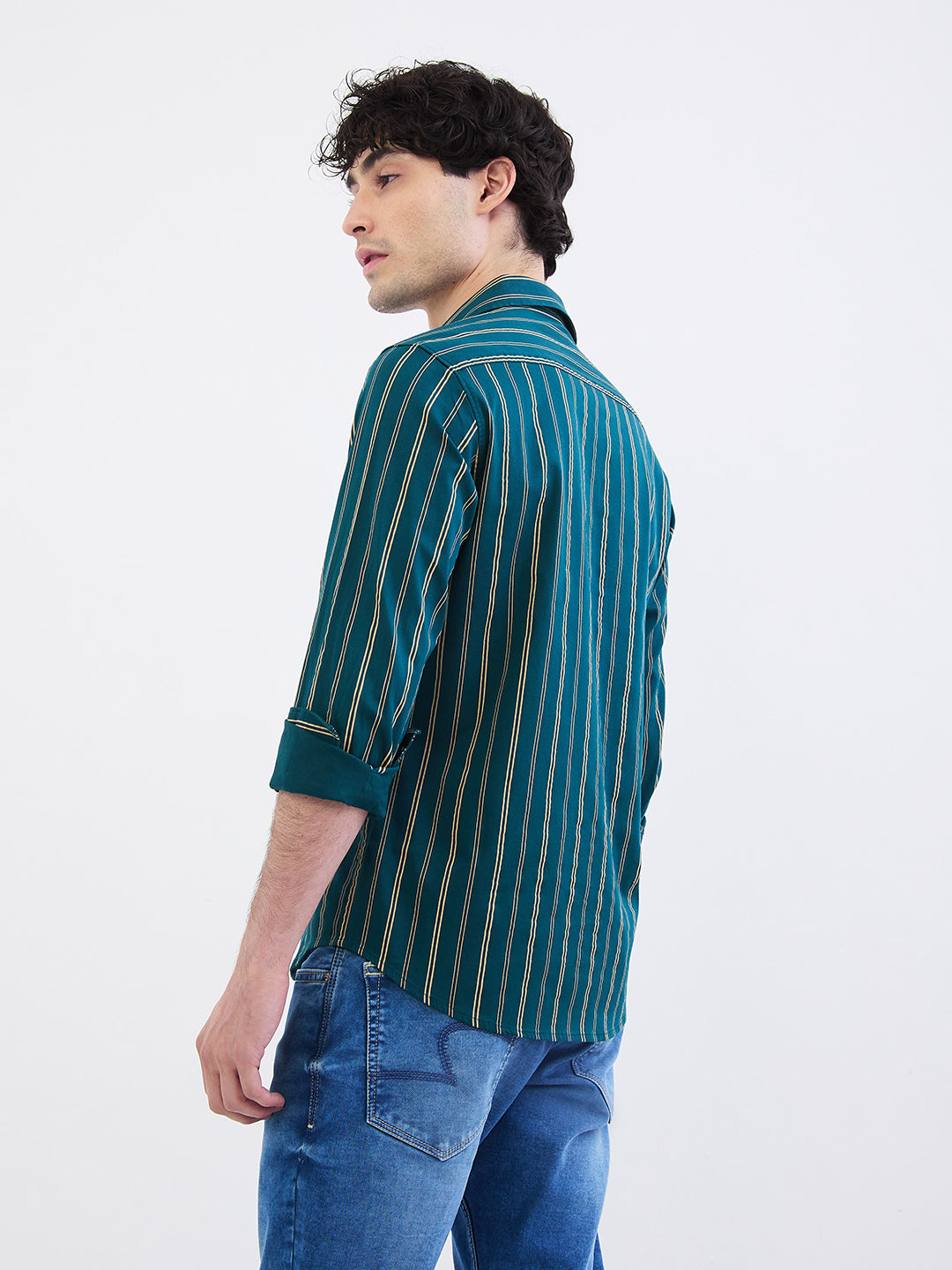 Spykar Teal Green Slim Fit Casual Shirts For Men