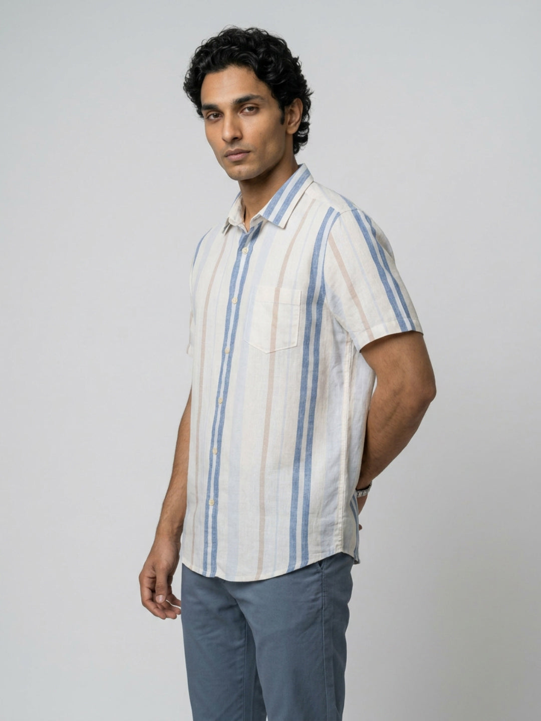 Men Shirt Stripe Off-White Regular Fit