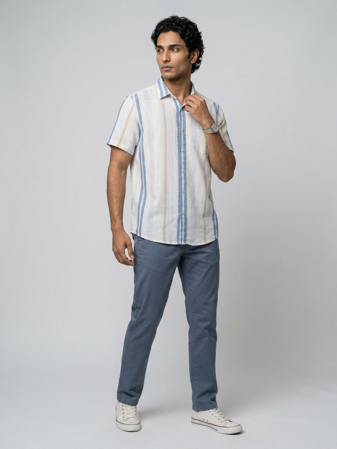 Men Shirt Stripe Off-White Regular Fit