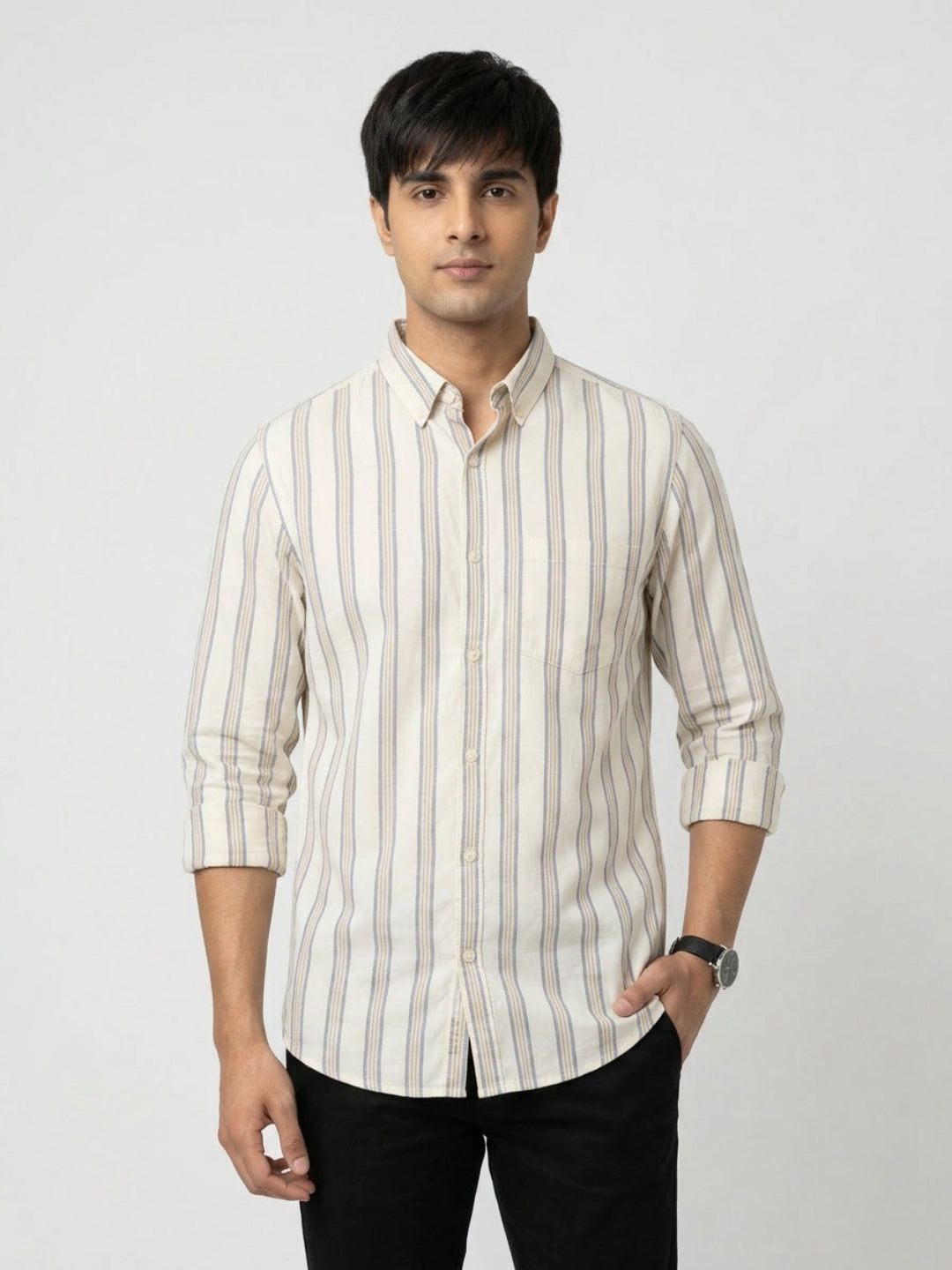 Men Shirt Stripe Off-White Regular Fit