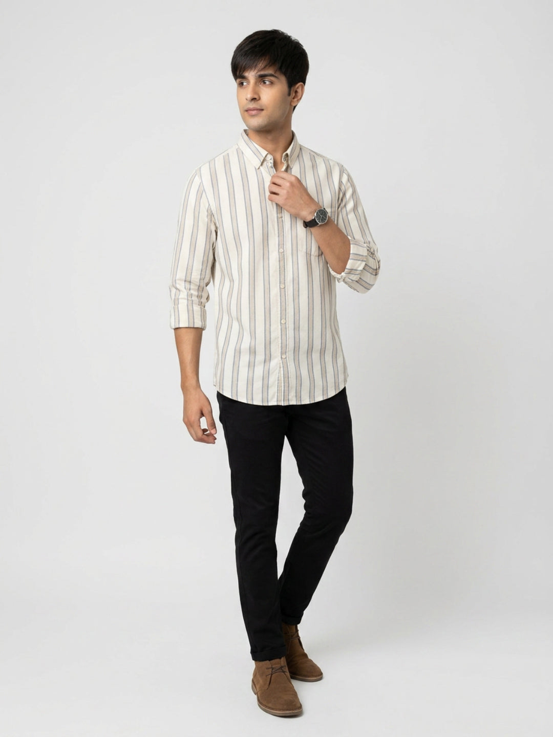 Men Shirt Stripe Off-White Regular Fit