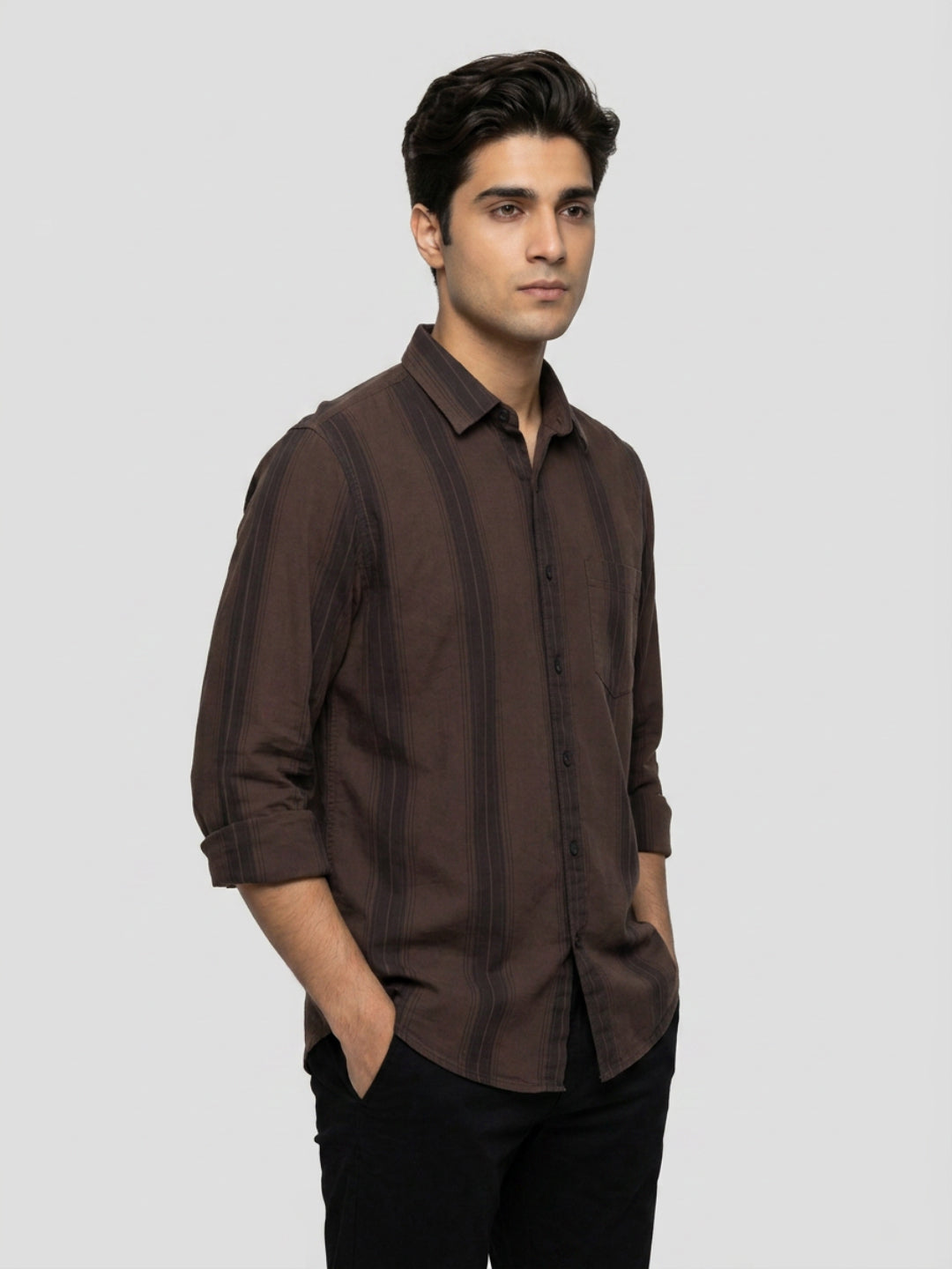 Men Shirt Stripe Brown Regular Fit