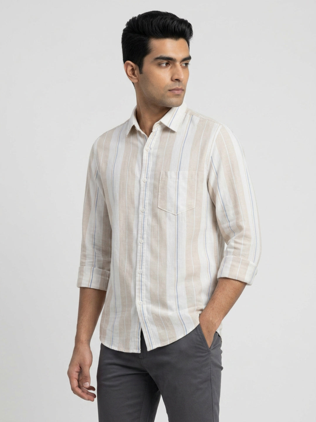Men Shirt Stripe Beige Regular Fit