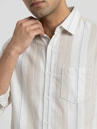 Men Shirt Stripe Beige Regular Fit