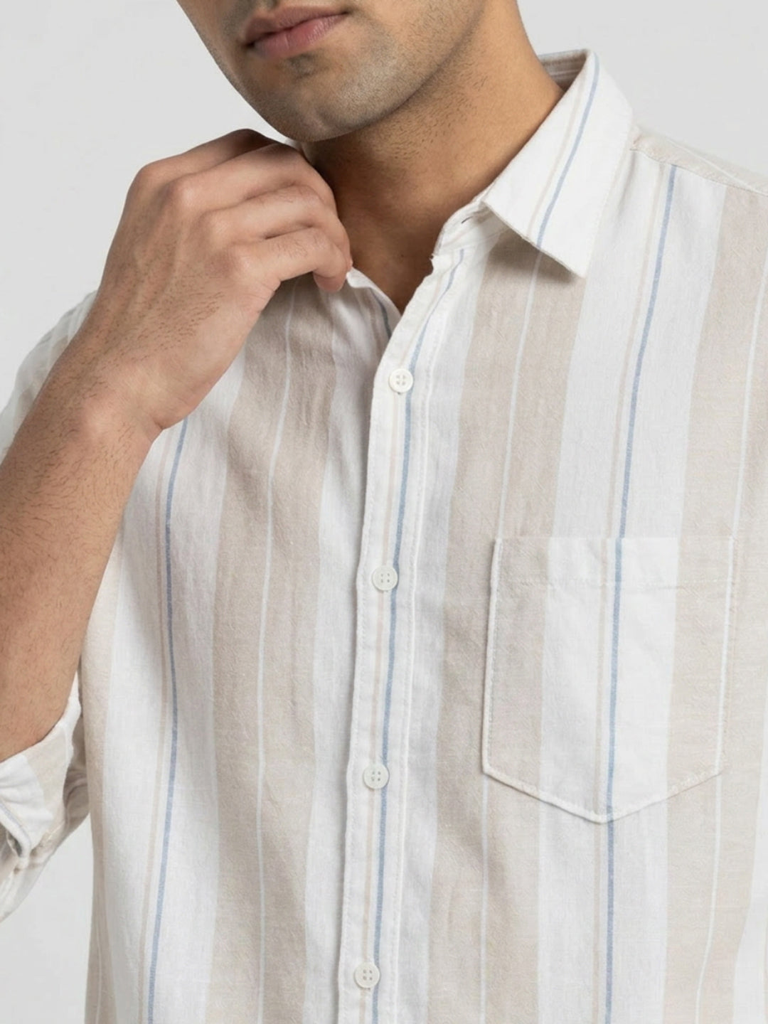 Men Shirt Stripe Beige Regular Fit