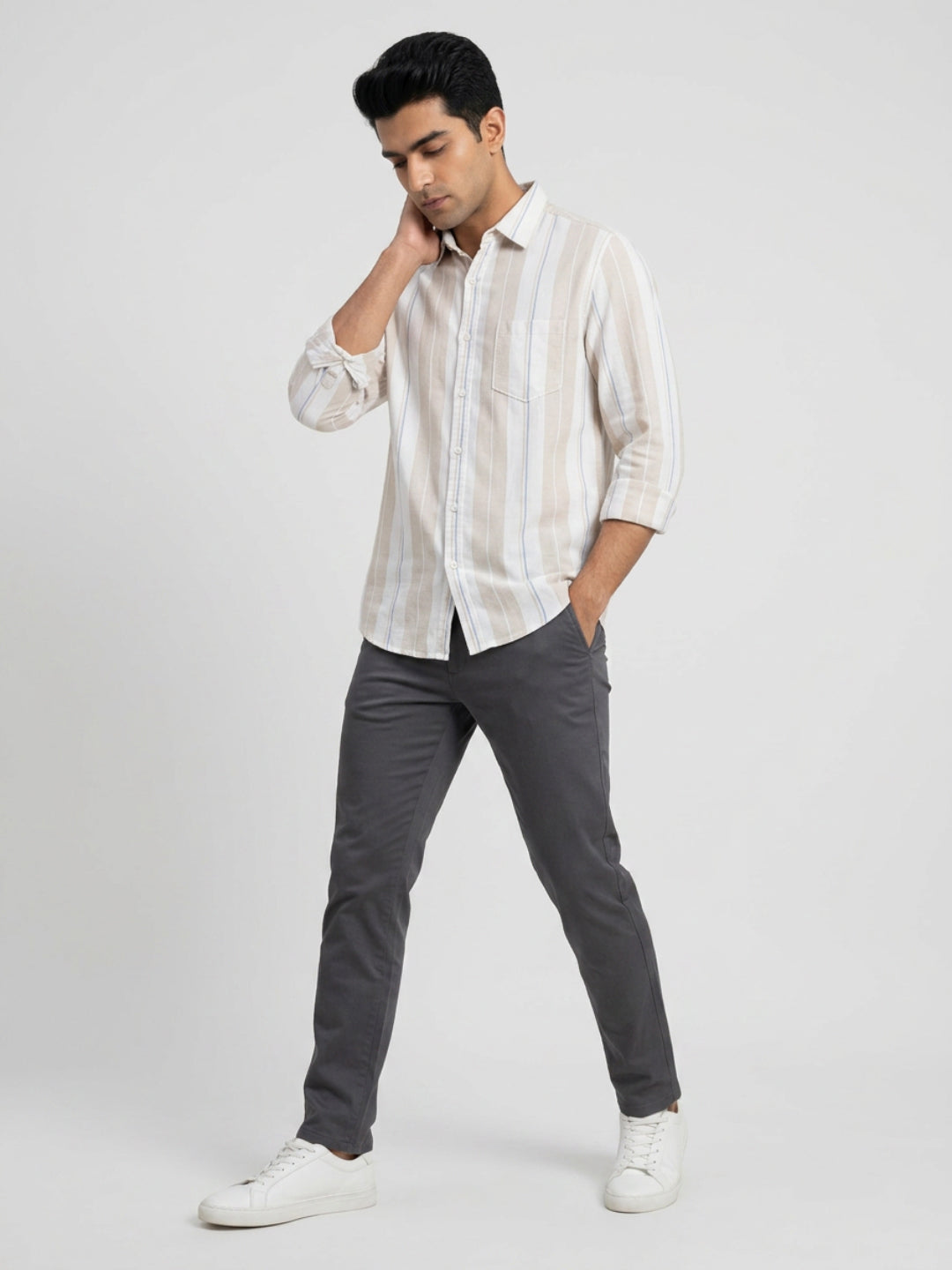 Men Shirt Stripe Beige Regular Fit